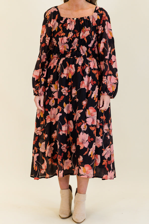 Chic Soul plus size clothing, black long sleeve midi dress with cinched waist detail with smocked top and square neckline with cuffed sleeves and pink/orange floral print
