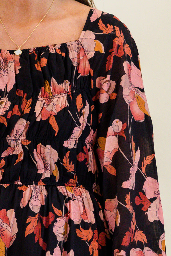 Chic Soul plus size clothing, black long sleeve midi dress with cinched waist detail with smocked top and square neckline with cuffed sleeves and pink/orange floral print
