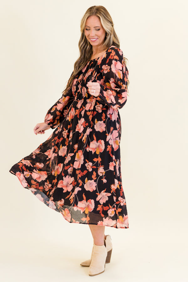 Chic Soul plus size clothing, black long sleeve midi dress with cinched waist detail with smocked top and square neckline with cuffed sleeves and pink/orange floral print
