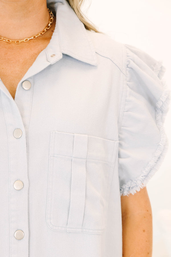 Chic Soul plus size clothing, grey short sleeve denim button up top with ruffle flare on sleeves