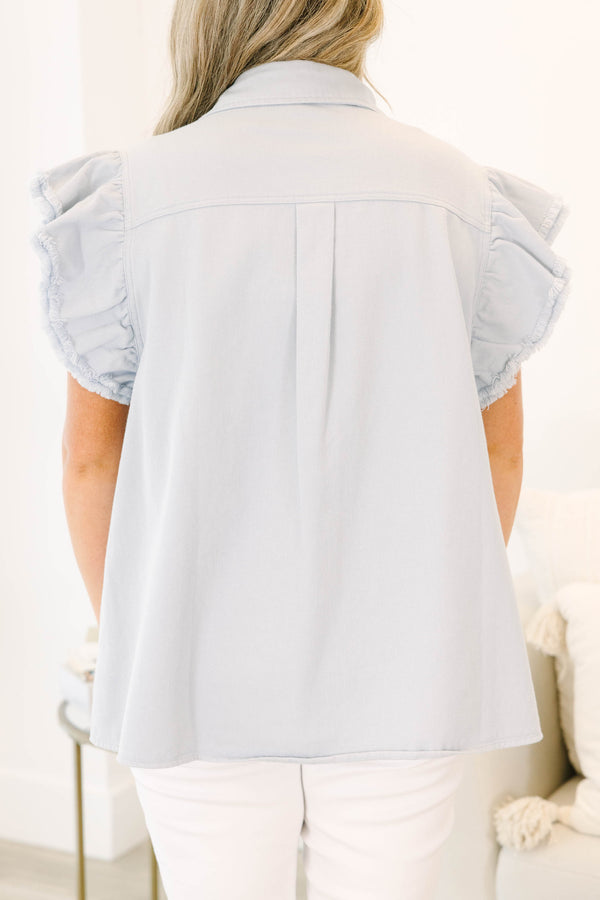 Chic Soul plus size clothing, grey short sleeve denim button up top with ruffle flare on sleeves