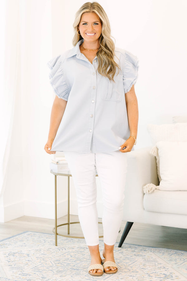 Chic Soul plus size clothing, grey short sleeve denim button up top with ruffle flare on sleeves