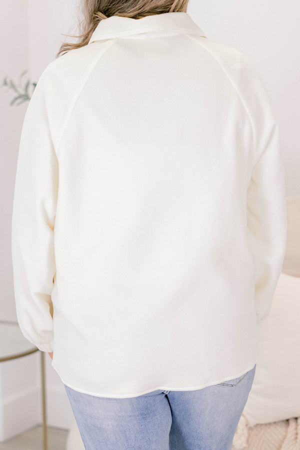 Chic Soul plus size clothing, white fleece button up backet with zipper pockets