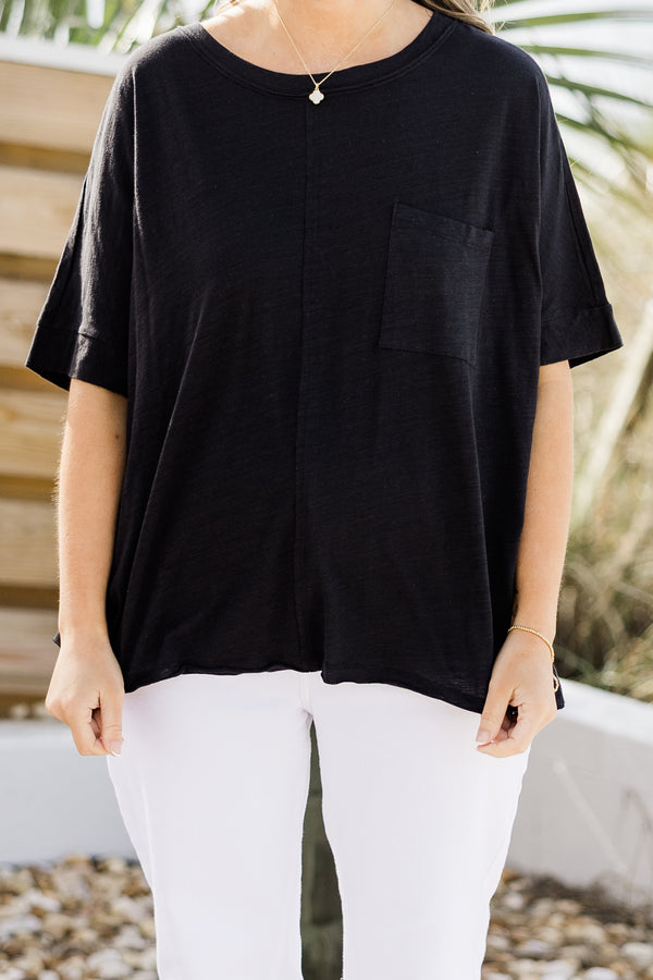 Chic Soul plus size clothing, black short sleeve basic top with seam down middle and pocket on front