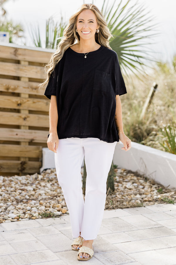 Chic Soul plus size clothing, black short sleeve basic top with seam down middle and pocket on front