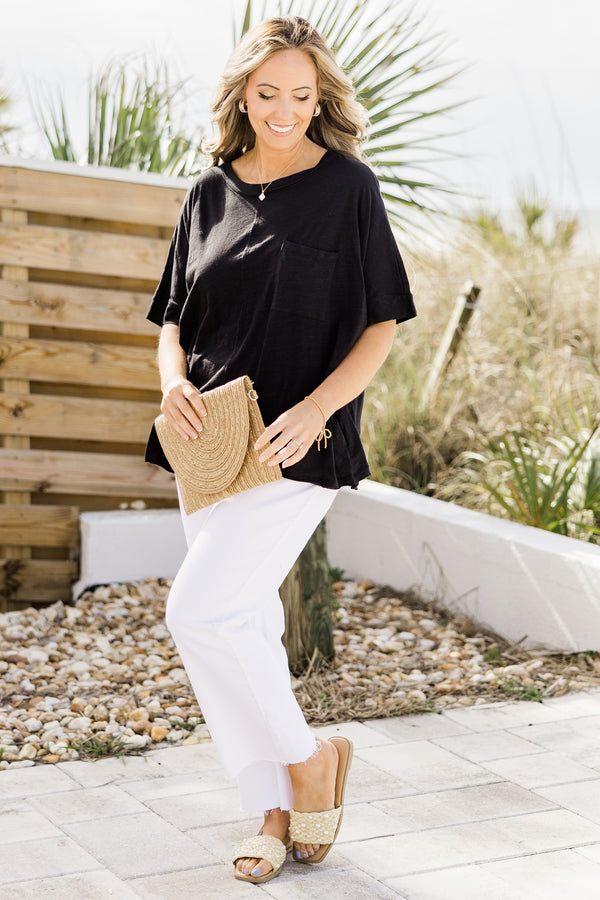 Chic Soul plus size clothing, black short sleeve basic top with seam down middle and pocket on front