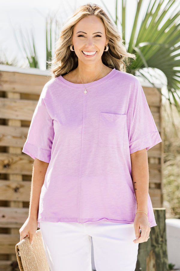 Chic Soul plus size clothing, lilac short sleeve basic top with seam down middle and pocket on front