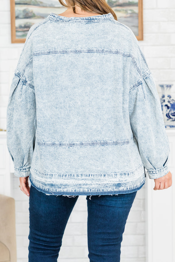 Chic Soul plus size clothing, long-balloon-sleeve light wash denim top with v-neckline and distressed detailing along seams