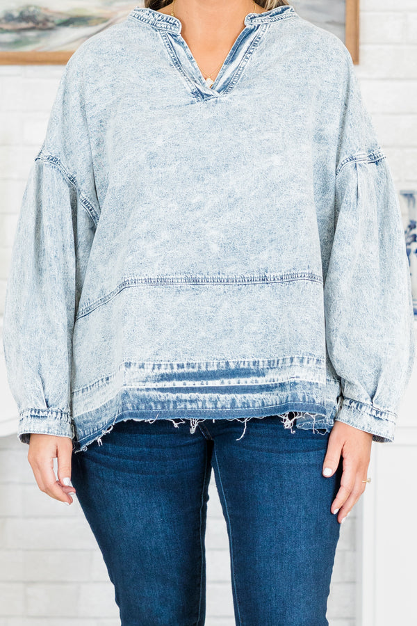 Chic Soul plus size clothing, long-balloon-sleeve light wash denim top with v-neckline and distressed detailing along seams