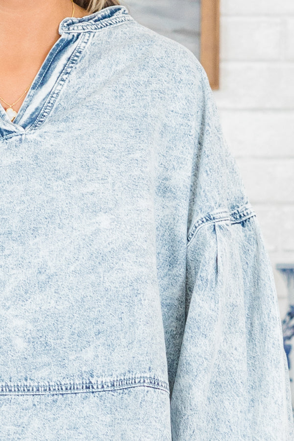 Chic Soul plus size clothing, long-balloon-sleeve light wash denim top with v-neckline and distressed detailing along seams