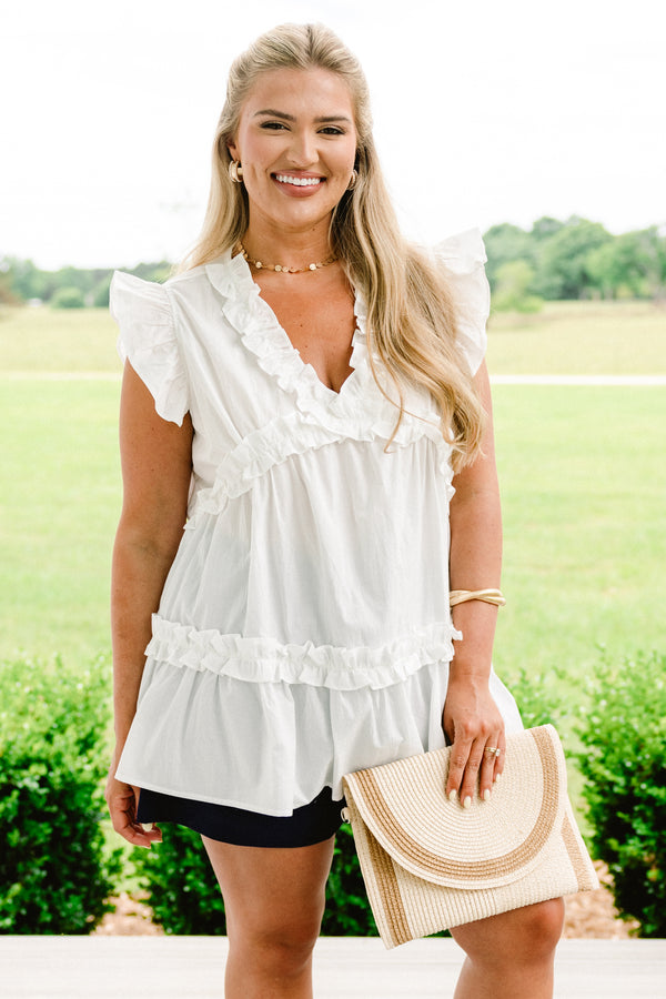 Chic Soul plus size clothing, short-flutter-sleeve white ruffled baby doll top with a v-neckline