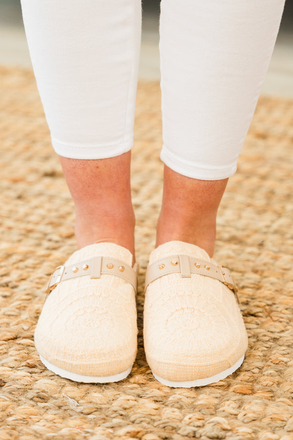 Chic Soul plus size clothing, cream backless mule sandals with crochet boho pattern