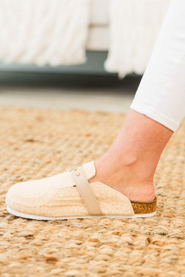 Chic Soul plus size clothing, cream backless mule sandals with crochet boho pattern