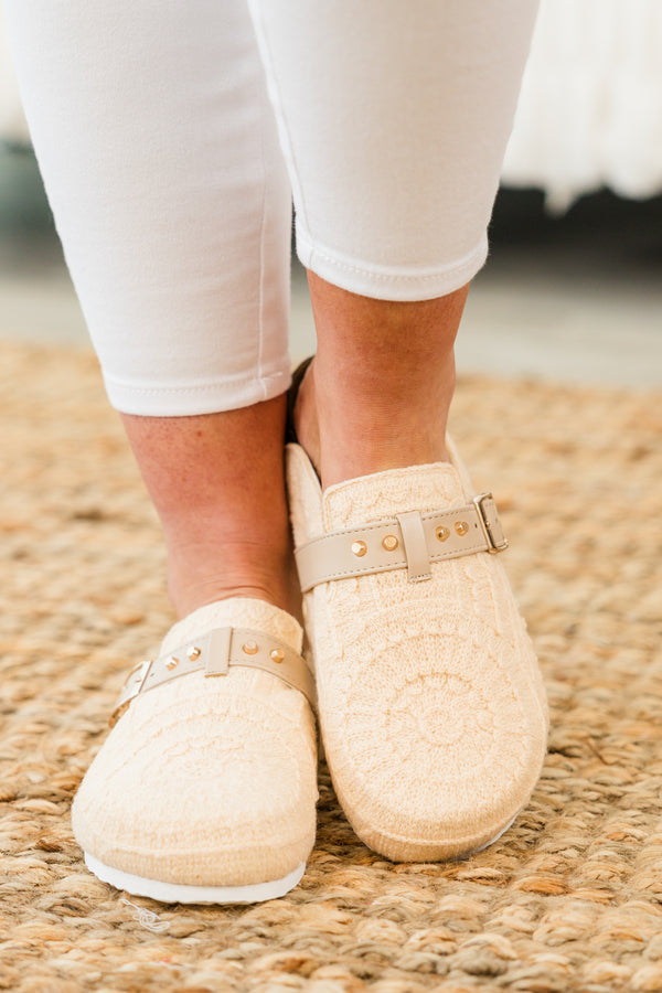 Chic Soul plus size clothing, cream backless mule sandals with crochet boho pattern