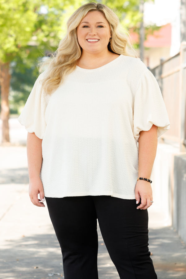 Chic Soul plus size clothing, cream top with bubble sleeves