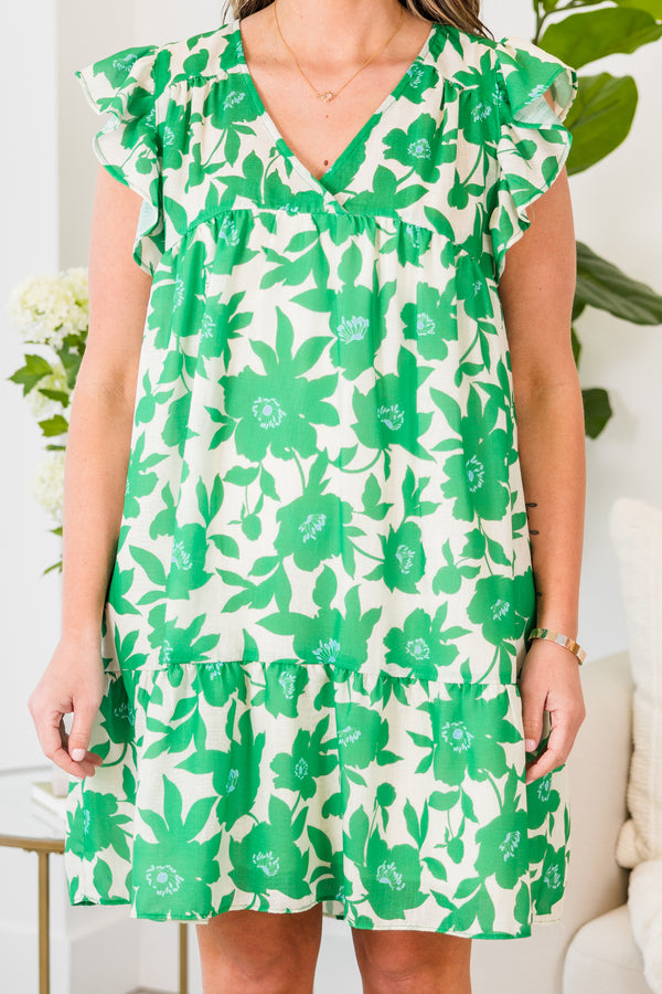 Chic Soul plus size clothing, green floral print mini dress with ruffle short sleeves and v neckline