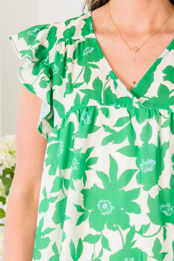 Chic Soul plus size clothing, green floral print mini dress with ruffle short sleeves and v neckline