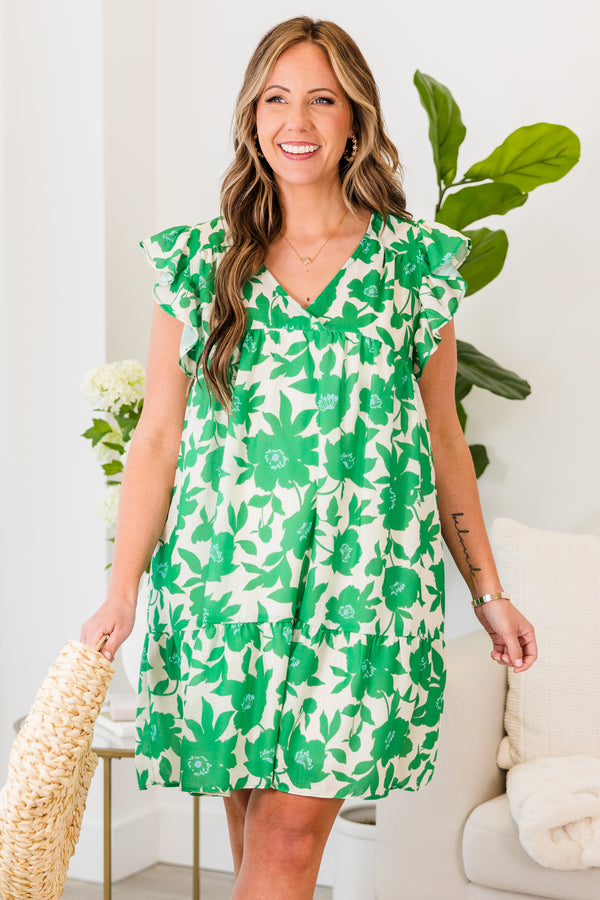 Chic Soul plus size clothing, green floral print mini dress with ruffle short sleeves and v neckline