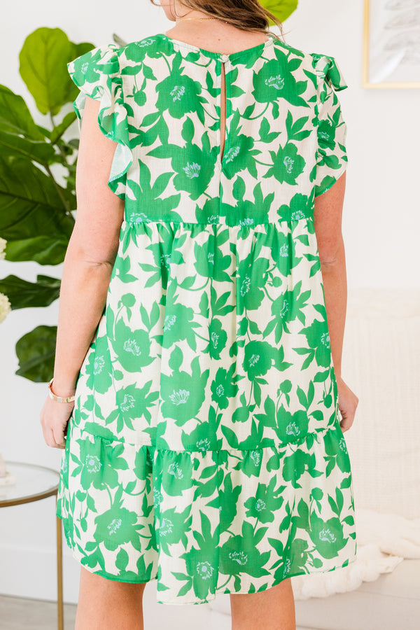 Chic Soul plus size clothing, green floral print mini dress with ruffle short sleeves and v neckline