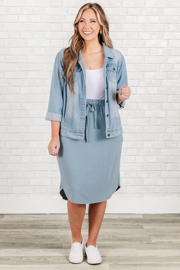 Chic Soul plus size clothing, blue grey knee length skirt with elastic waistband and pockets