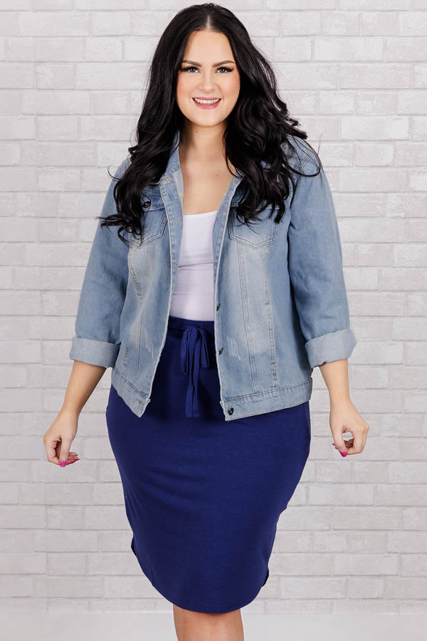 Chic Soul plus size clothing, light navy knee length skirt with elastic waistband and pockets