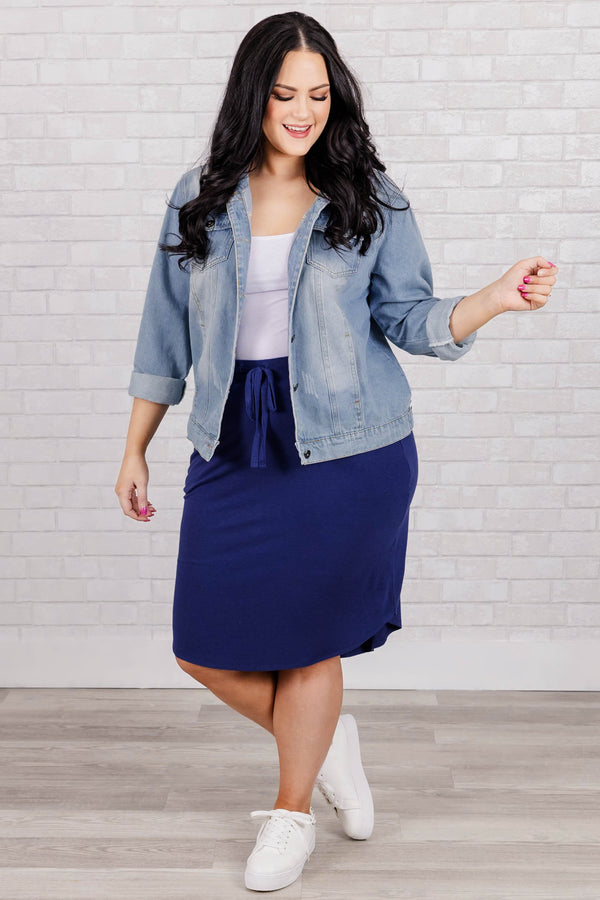 Chic Soul plus size clothing, light navy knee length skirt with elastic waistband and pockets