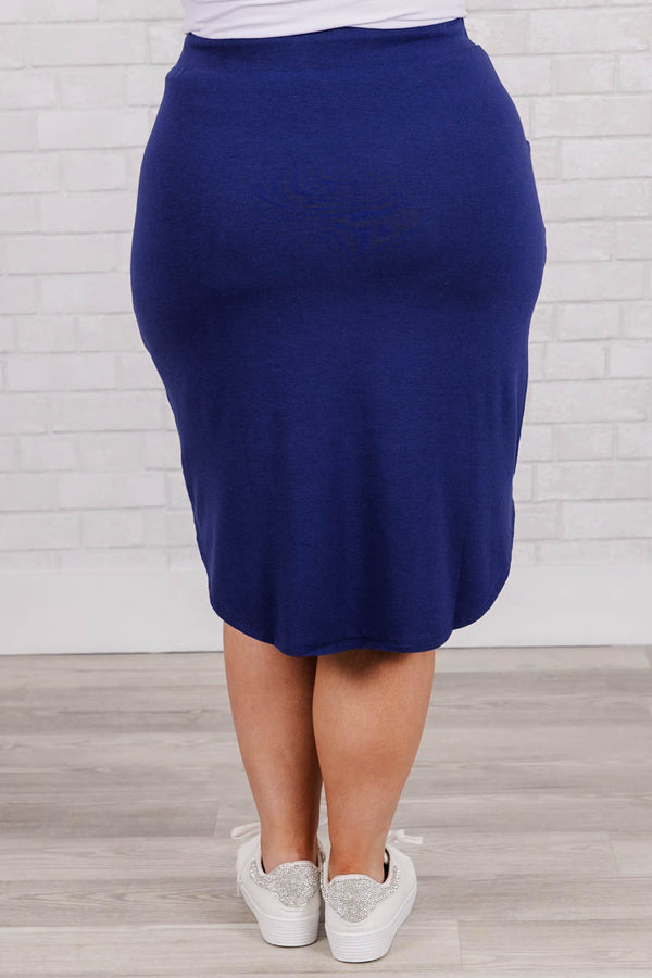 Chic Soul plus size clothing, light navy knee length skirt with elastic waistband and pockets