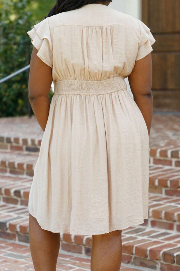 Chic Soul plus size clothing, taupe button down dress with a cinched waistline and ruffle sleeves