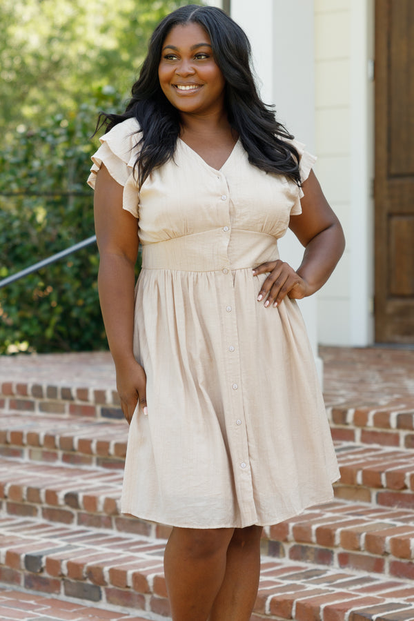 Chic Soul plus size clothing, taupe button down dress with a cinched waistline and ruffle sleeves