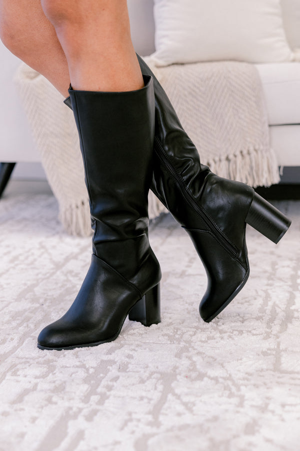 Chic Soul plus size clothing, black pleather tall round toe heeled boots 