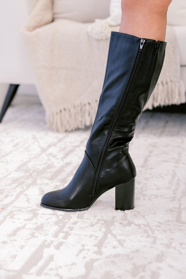 Chic Soul plus size clothing, black pleather tall round toe heeled boots 
