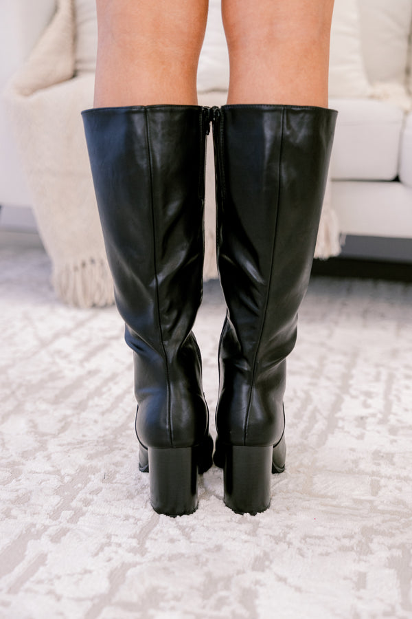Chic Soul plus size clothing, black pleather tall round toe heeled boots 