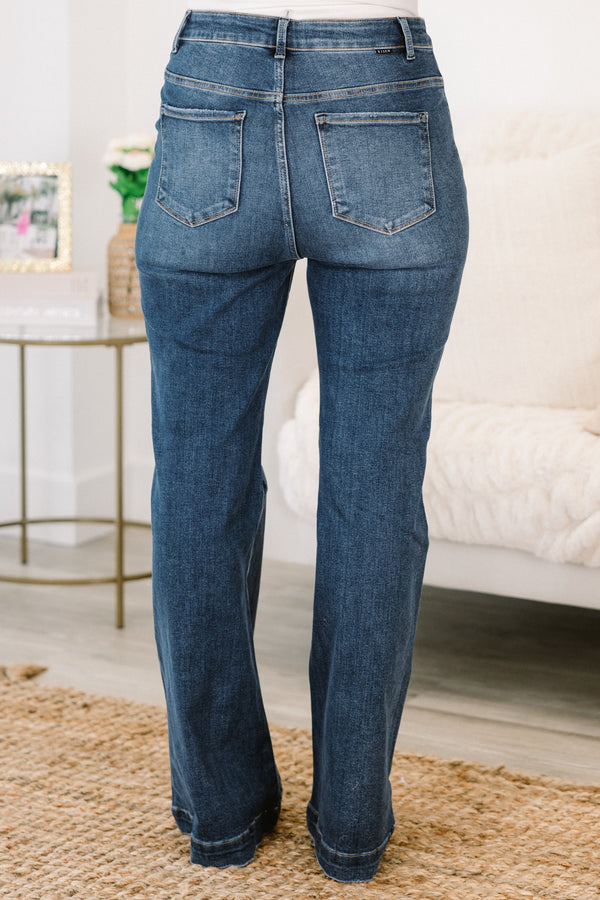 Chic Soul plus size clothing, dark denim jeans that are faded on the thighs