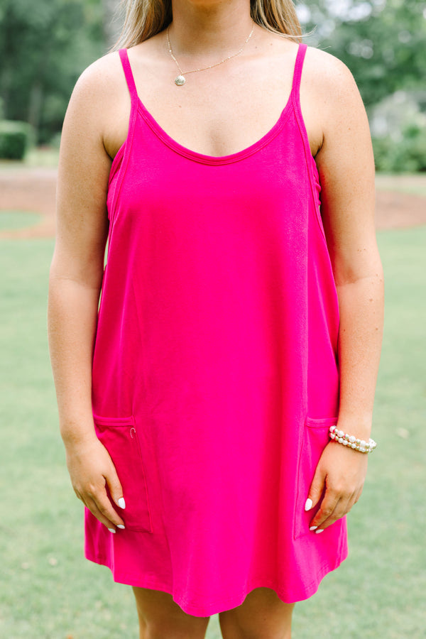 Chic Soul plus size clothing, bright magenta tank top athletic dress with shorts underneath and 2 front lower pockets
