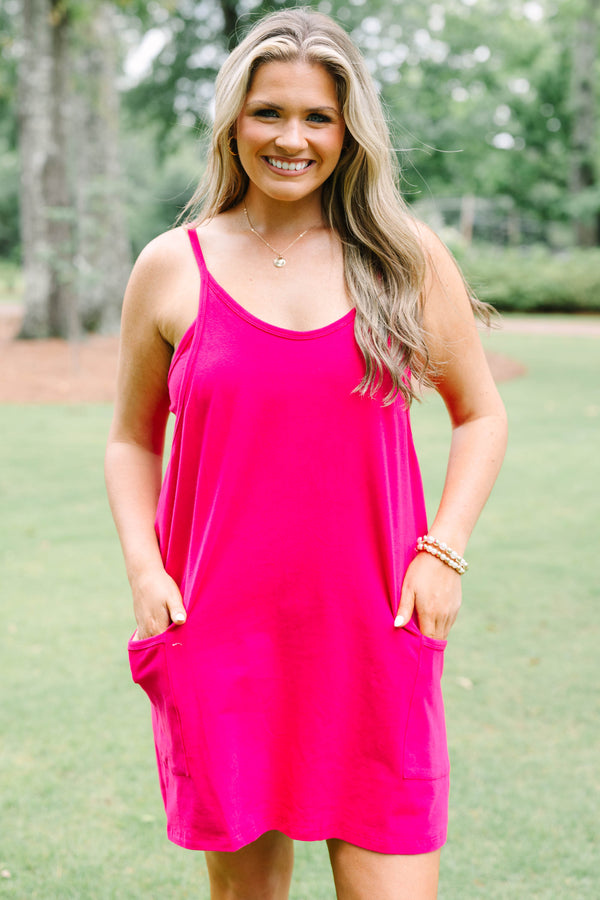 Chic Soul plus size clothing, bright magenta tank top athletic dress with shorts underneath and 2 front lower pockets