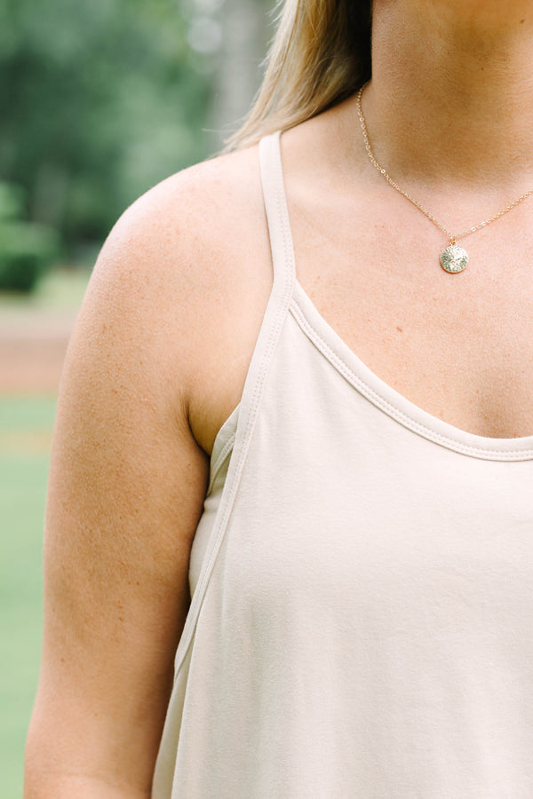 Chic Soul plus size clothing, taupe sleeveless athletic dress with a scooped neckline and pockets on the front of the dress