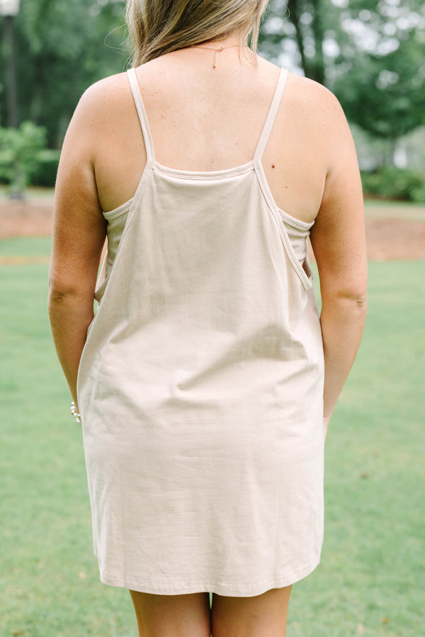 Chic Soul plus size clothing, taupe sleeveless athletic dress with a scooped neckline and pockets on the front of the dress