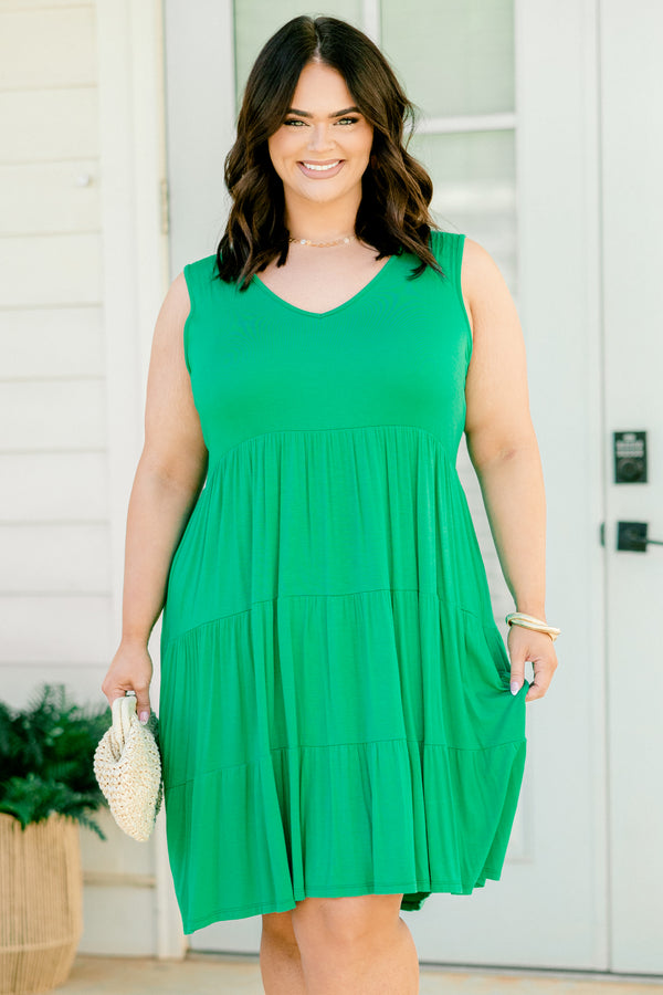 Chic Soul plus size clothing, Kelly green sleeveless baby doll dress with a slight v-neckline 