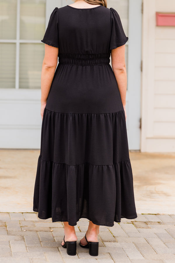 Chic Soul plus size clothing, short-sleeve black ruffled midi dress with small v-neckline