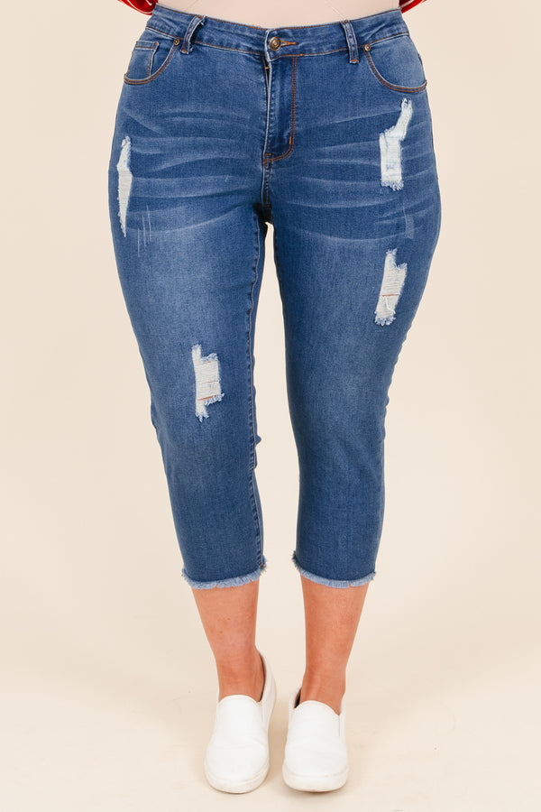 Chic Soul plus size clothing, medium wash distressed denim capris with frayed hemline