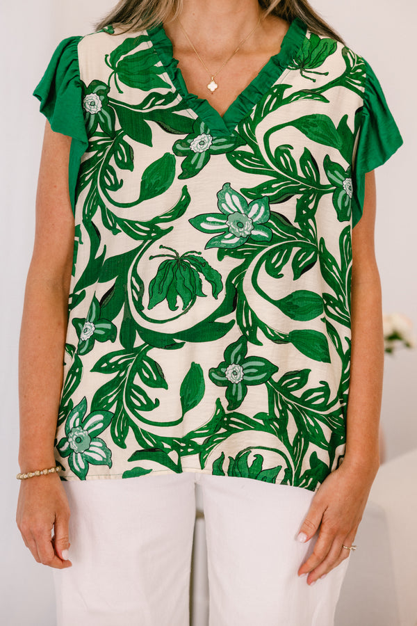 Chic Soul plus size clothing, white and green floral pattern top with green flutter sleeves