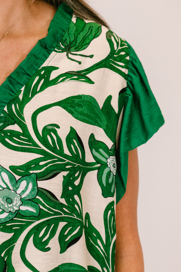 Chic Soul plus size clothing, white and green floral pattern top with green flutter sleeves