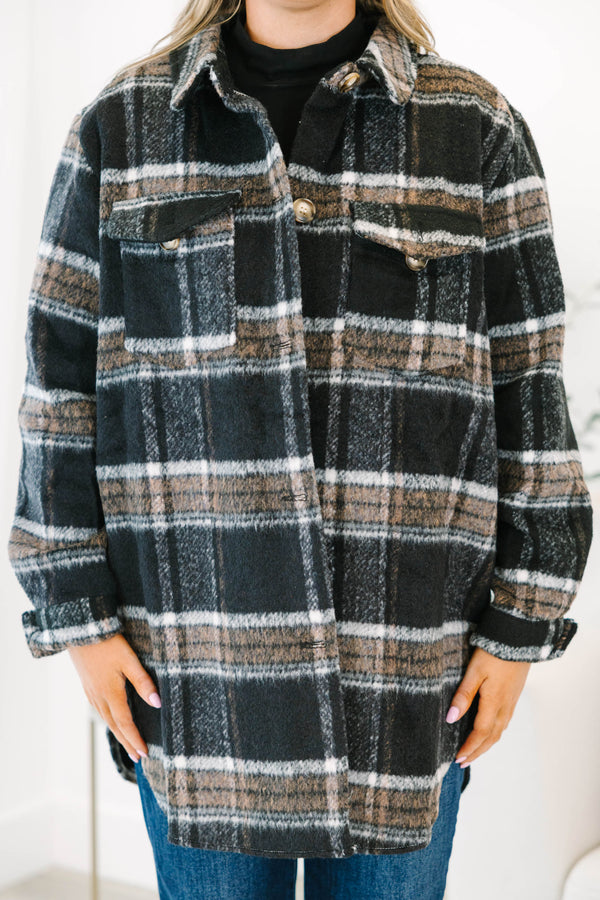 Chic Soul plus size clothing, black plaid buttoned shacket