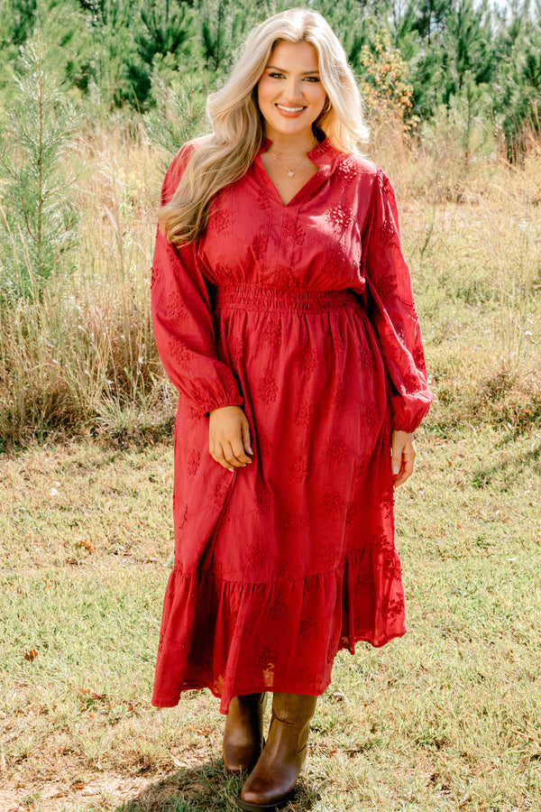 Chic Soul plus size clothing, red maxi dress with long bubble sleeves and a embroidered pattern along with a slight v-neckline
