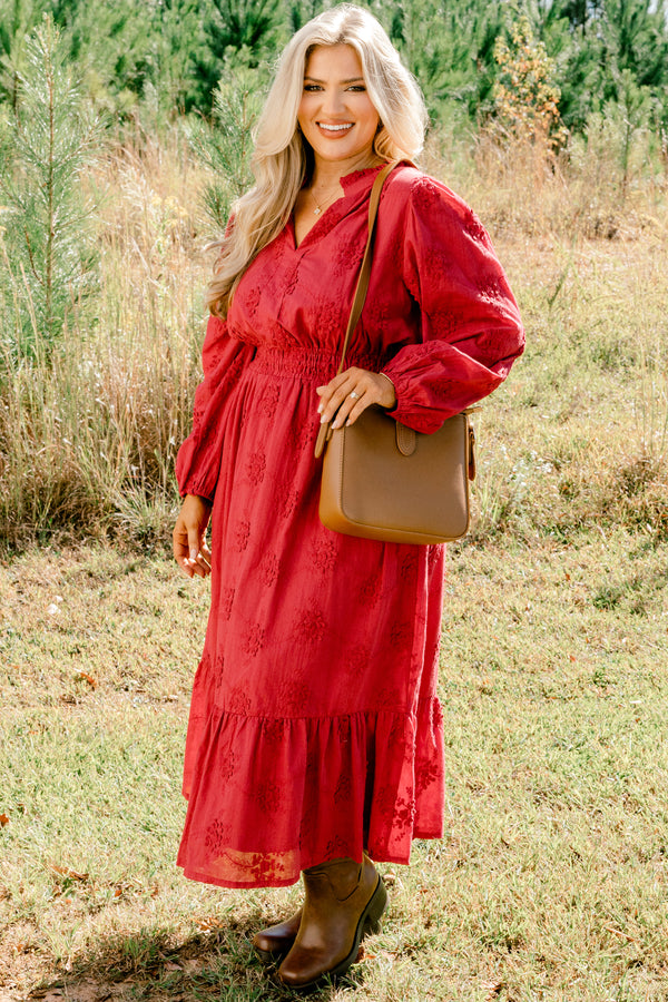 Chic Soul plus size clothing, red maxi dress with long bubble sleeves and a embroidered pattern along with a slight v-neckline