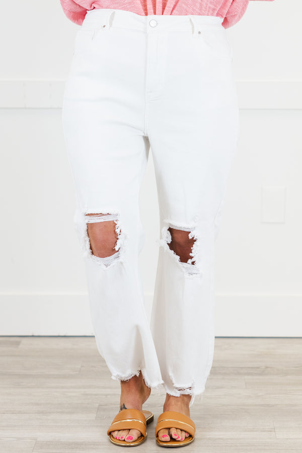 Chic Soul plus size clothing, white denim skinny jeans with raw distressed hem with distressed hole on the knees 