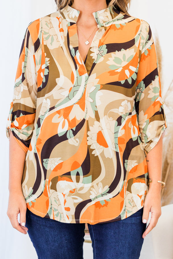 Chic Soul plus size clothing, brown multi three quarter length sleeve top with abstract and floral print with v cutout along neckline with collar detail