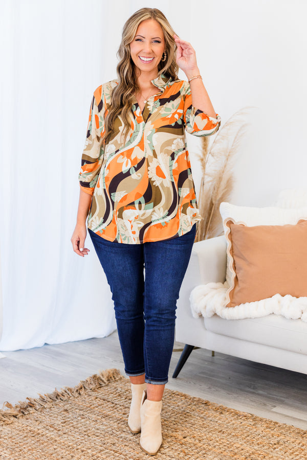 Chic Soul plus size clothing, brown multi three quarter length sleeve top with abstract and floral print with v cutout along neckline with collar detail