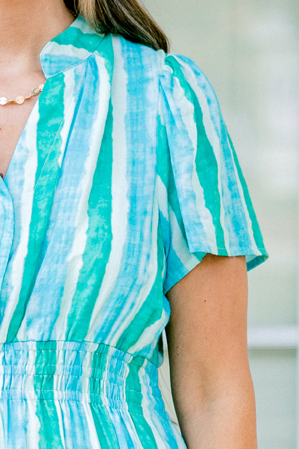 Chic Soul plus size clothing, cerulean and turquoise striped short sleeve maxi dress