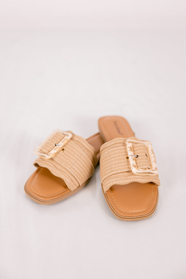 Chic Soul plus size clothing, tan natural woven slip on sandals with gold buckle on the top and wavy edges